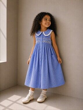 Vintage Fun Spirit Girls Size 6 Blue Gingham Smocked Maxi Dress Cottagecore